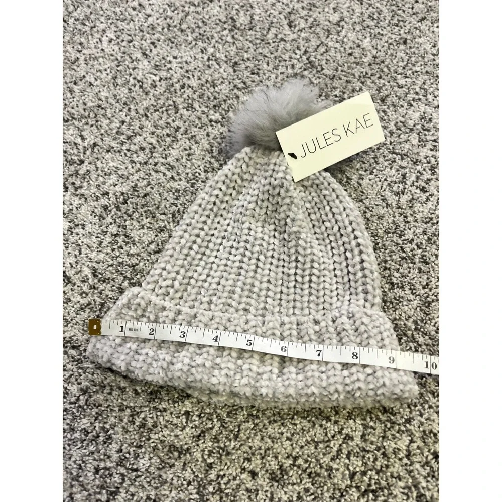 Jules Kae Beanie Pom Pom‎ Hat Womens Grey Knit Faux Fur Recycled Vegan NEW